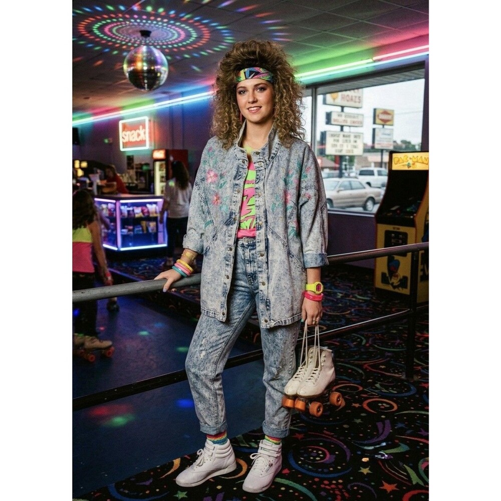 Vintage80sAcid Wash Denim Jacket Hand Painted Floral Oversized Denim Duster Coat